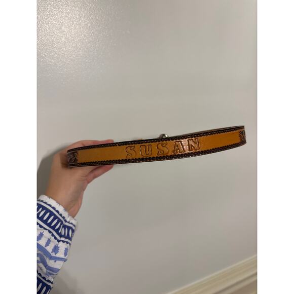 Vintage Belt Stamped Brown Cowhide Leather Size 26 Personalized Name \